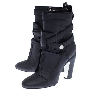 Fendi Black Leather Strappy Ankle Boots with Silver Accents